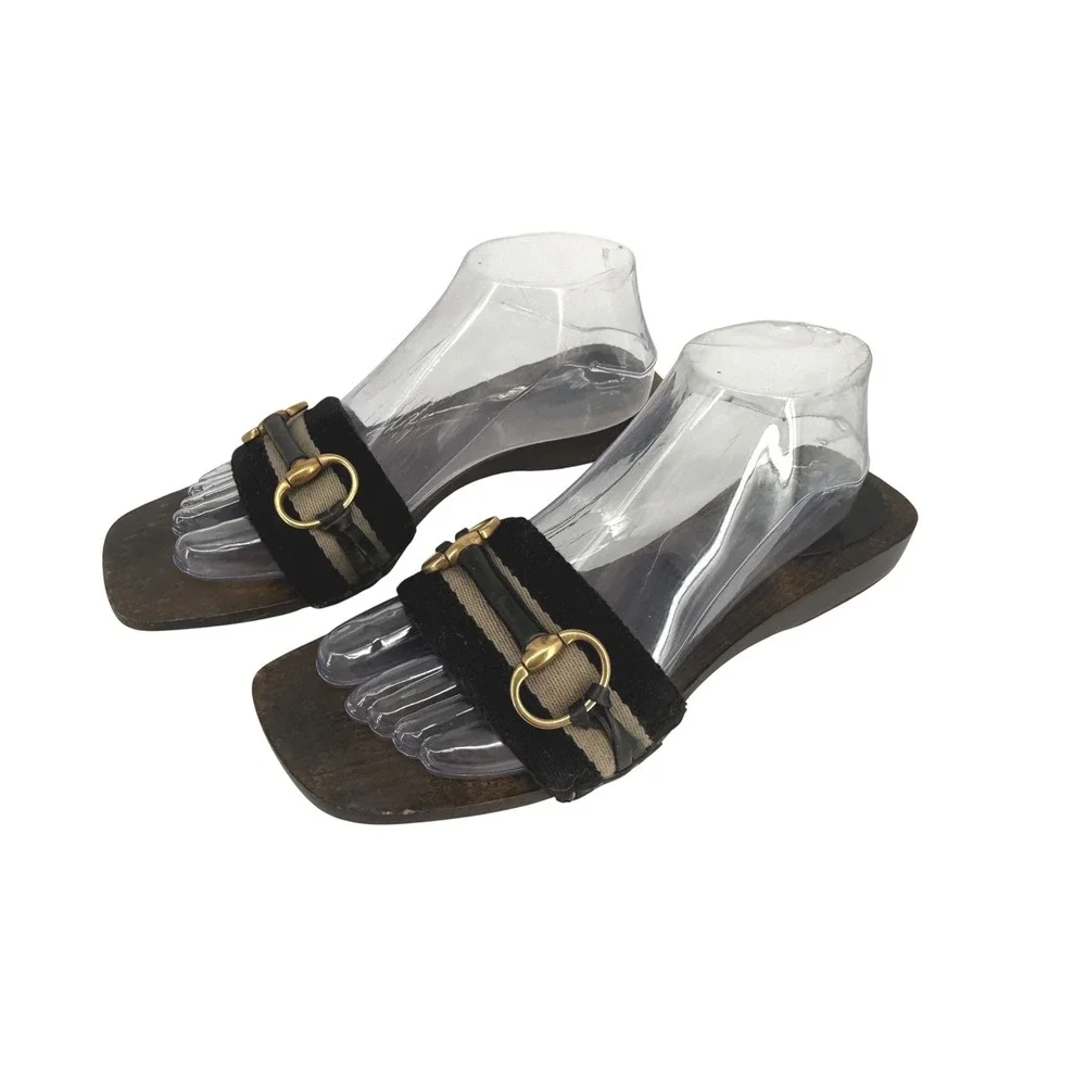 Gucci Vintage Horse-bit Wooden Slide Sandals Black Striped Canvas 8.5 Italy